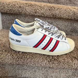 adidas White Sneakers with Blue and Red Stripes